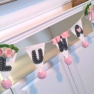 HANDMADE BANNER BABY NURSERY WALL DECOR PINK POM POMS TRIMMED